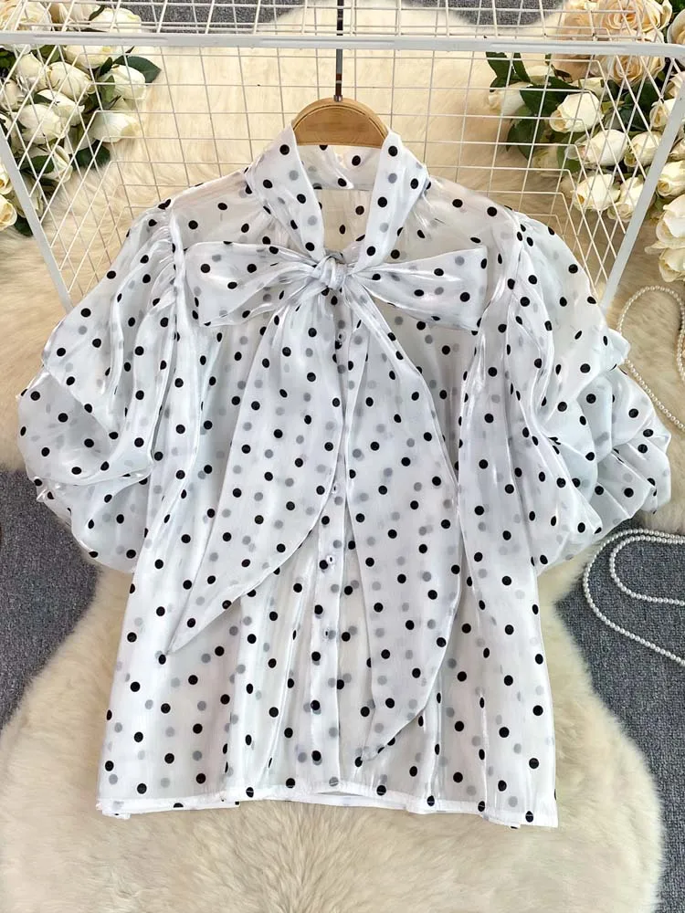 Streetwear polka dot print shirt Sheer Bow tie Organza blouse Women 2024 Summer Short puff sleeve tops Fashion Lady INKEO 4T087