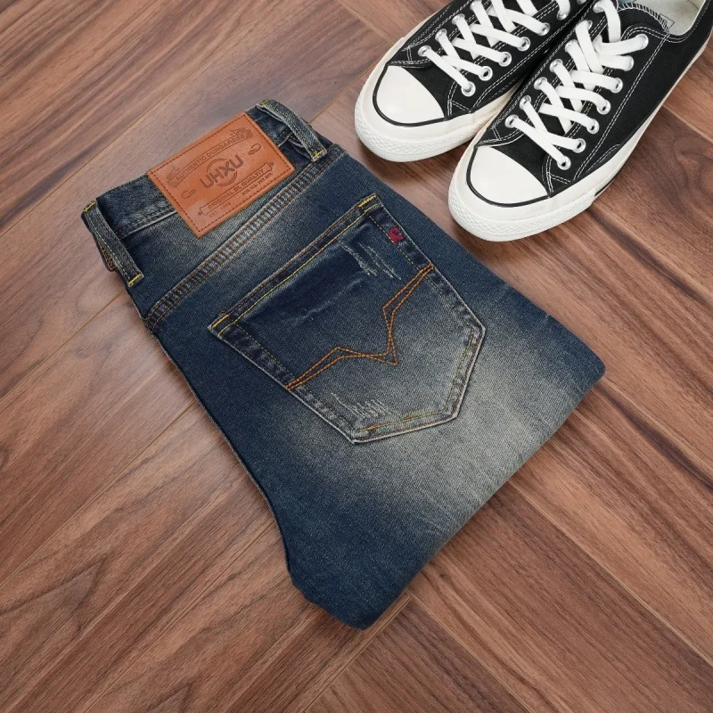 Men's heavy-duty washed denim jeans, classic vintage blue, mid-rise, slim straight fit, popular trendy brand men's clothing
