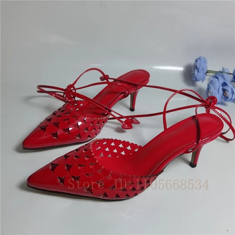 Pointed Toe Patent Leather Backless Stiletto Pumps Women Hollow Cutout Ankle Lace Up High Heels Elegant Party Office Dress Shoes