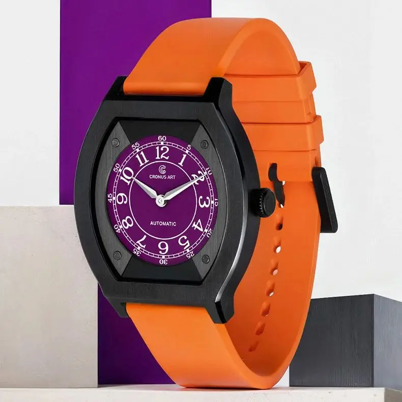 CRONUSART Men Automatic Watch 41mm Titanium Tonneau Mechanical Wristwatch Luminous FKM Fluororubber Strap Micro Rotor