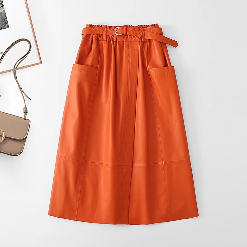 S-3XL Real Leather Skirt For Women Spring Sheepskin Long Skirts Elastic High Waist Chic Ladies A-line Belt Leather Skirts 2025
