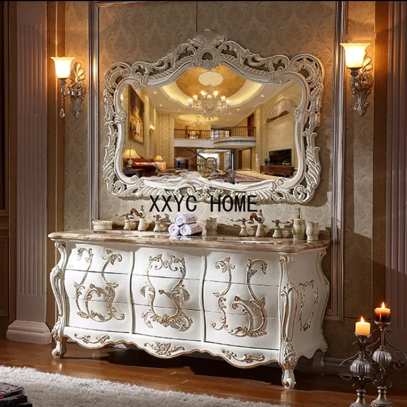 yj European-Style Bathroom Cabinet Red Oak Solid Wood Washstand American Marble Bathroom Cabinet