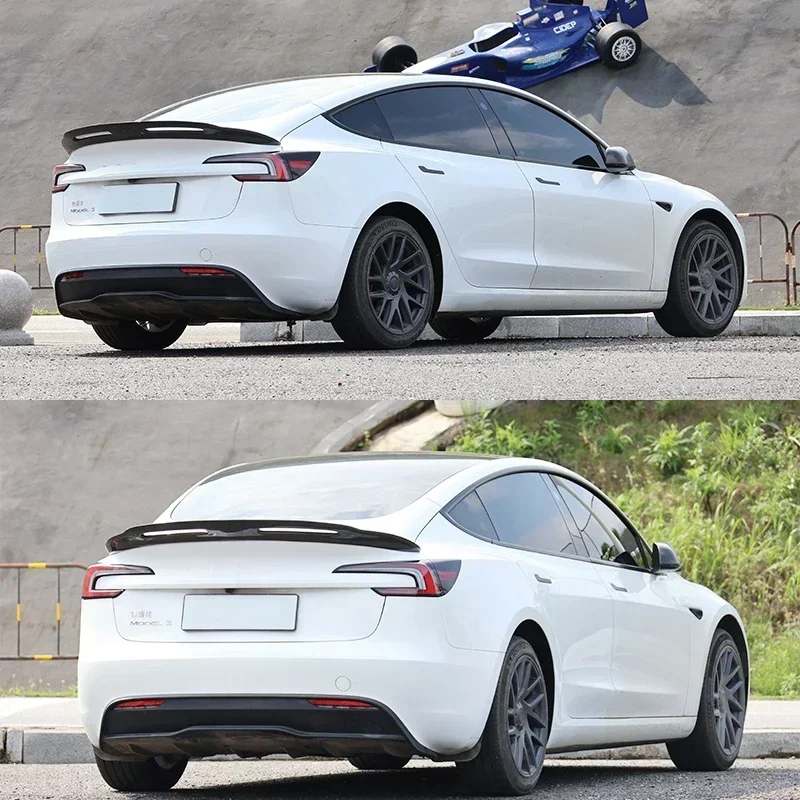 New！Highland Rear Trunk Sports style Spoiler Tail Wing Bright Carbon fiber material and Black Accessories For 2024 Tesla New Mod