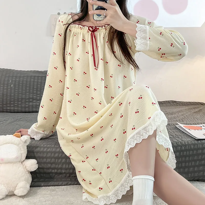 Pure Cotton Princess Style Pajama Dress Women's Spring Autumn Long Sleeve Sleep Skirt Girls New Fashion Loose Leisure Nightgowns