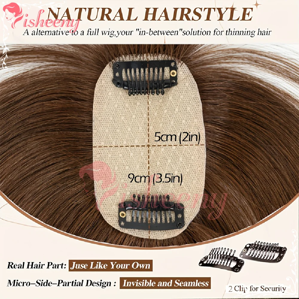 Isheeny Real Human Hair Topper 02# Shade With Fringe Bangs 5×9cm Breathable Mesh 2‑Clip Secure Hair Piece Conceal Sparse Top Receding Hairline Natural Look For Women Full Sizes Option