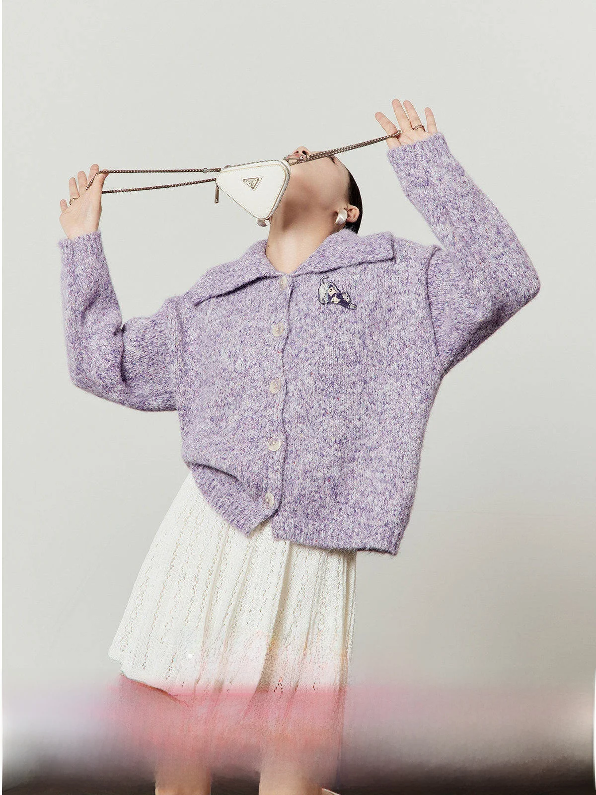 

Purple Knitted Loose Casual Sweater for Women with Embroidered Small Leopard Design Winter New Arrival by Zhou Li Wu