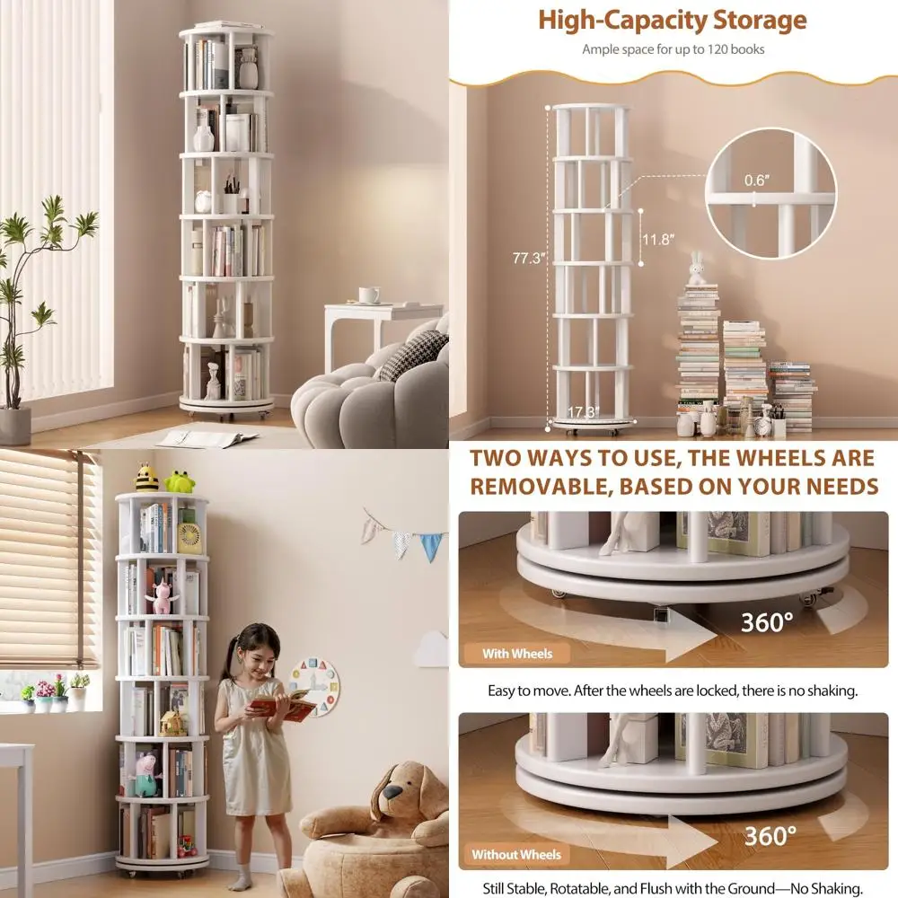 

6-Shelf Round Wooden Revolving Bookcase on Wheels for Kids, 360° Spinning Storage Tower