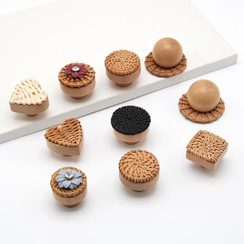 Drawer single-hole wooden pull handle wooden rattan cabinet handle wooden screw button made of oak wood material