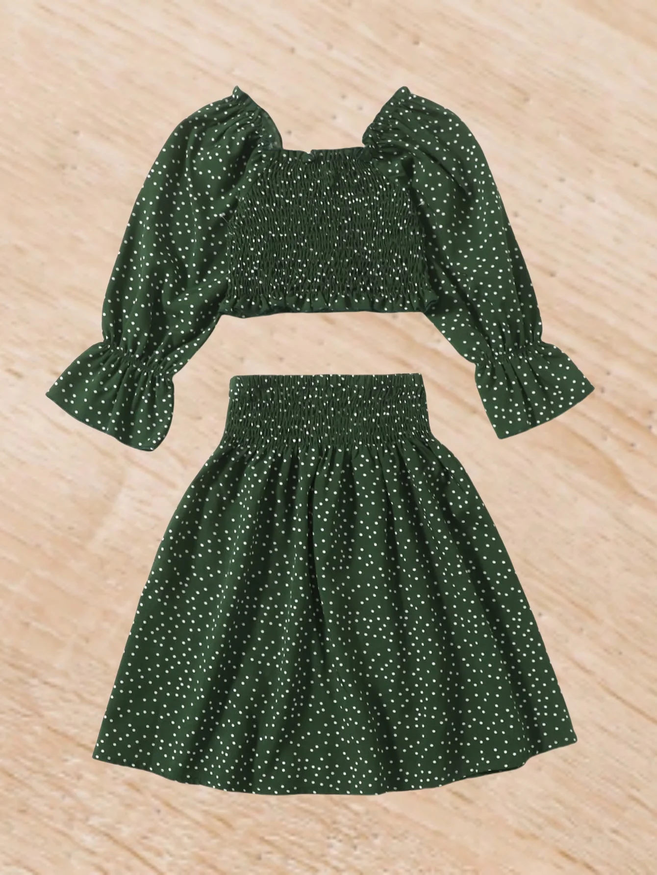 Summer children's girls sweet and spicy polka dot print trumpet slim long sleeve top high waist button skirt retro two-piece set