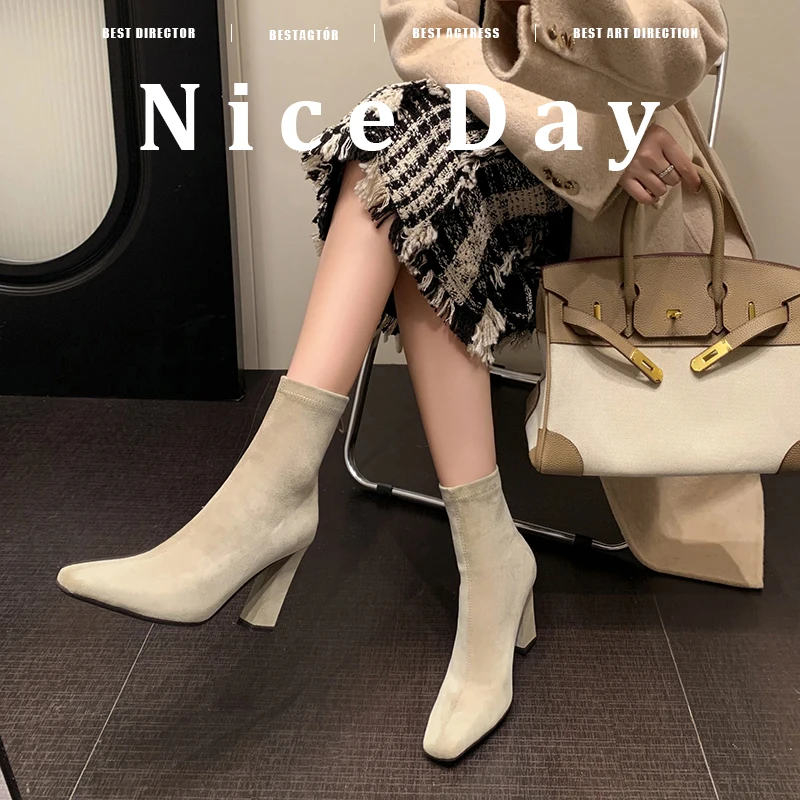 

2026 новые осенне-зимние женские ботильоны 22-24,5 см, эластичные фланелевые ботинки с квадратным носком, современные ботинки на толстом высоком каблуке, узкие ботинки с молнией сзади