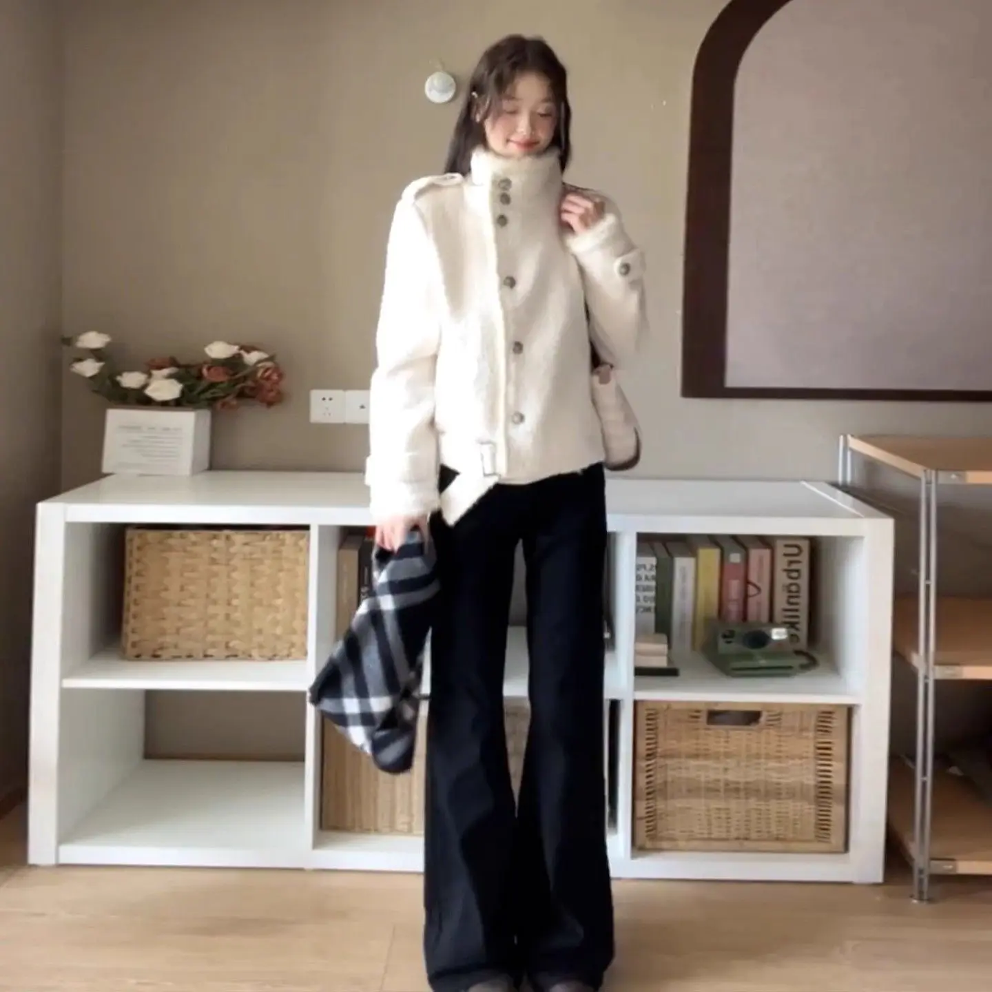 2026 Japanese Holidays Turtleneck Overcoat Women Japanese Kawaii Faux Fur Jackets for Girls Y2k Sweet Vintage Coats Chic Elegant