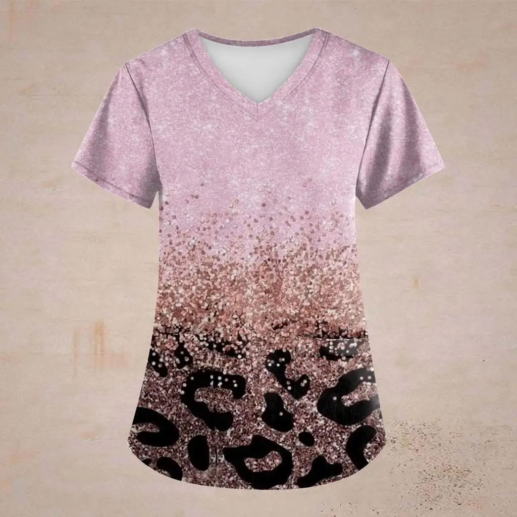 Summer Retro Leopard Printed Scrub Working Uniform Tops For Women Cross V-Neck Short Sleeve Lovely Fun T-Shirts Korean Clothing