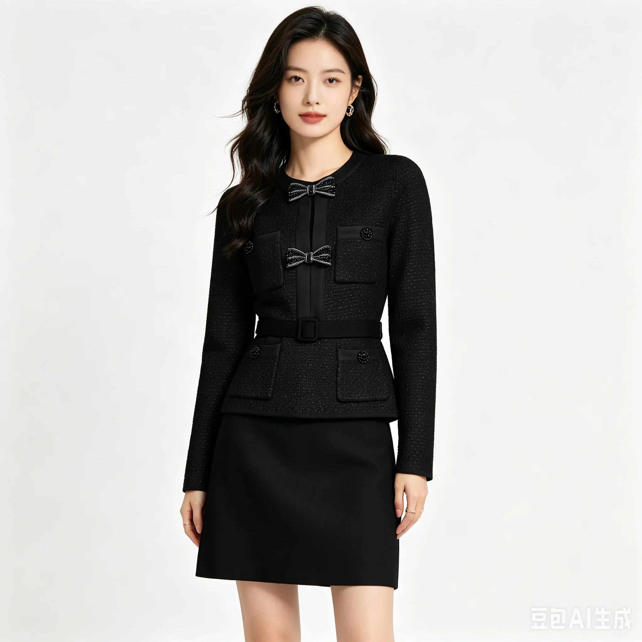 High Quality Spring And Autumn New Style Bright Silk Nail Bead Bow Belt Top Knitted Cardigan+half Skirt Slim Fit Women's Set