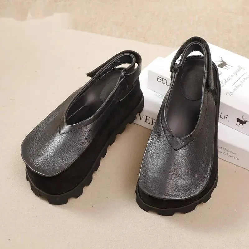 أحذية منصة مسطحة صناديل للنساء جلد ناعم حذاء بدون كعب ماركة ضحلة ريترو المرأة أحذية رياضية الصيف Slingback Sandalias #4