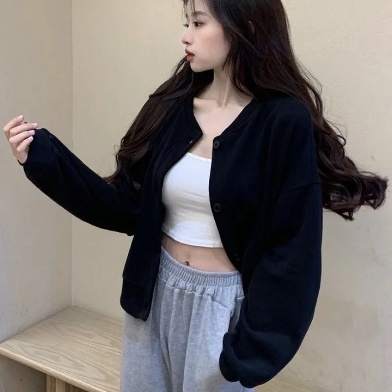 cardigans Women Long Sleeve O-neck Black Simple Korean Fashion Coats Loose High Street Gentle All-match Outwear Autumn New Ins