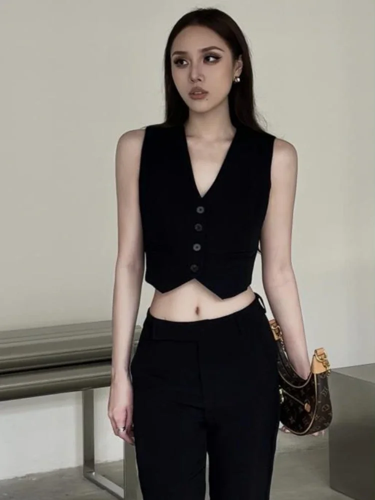 

Vests Women Crops Retro Coats Elegant V-neck European Style Simple Korean All-match Casual Office Lady Outwear Summer Fashion