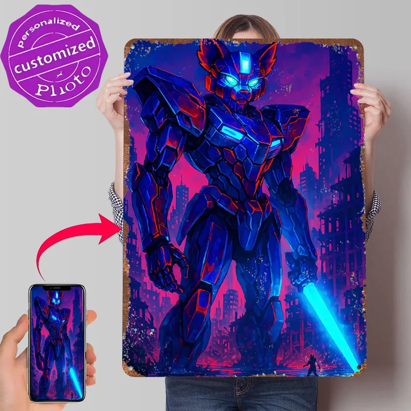 Cyberpunk Red Panda Robot in Ruined City Tinplate Poster Customized Wall Art Retro Vintage Metal Signs for Fans Home Decorations