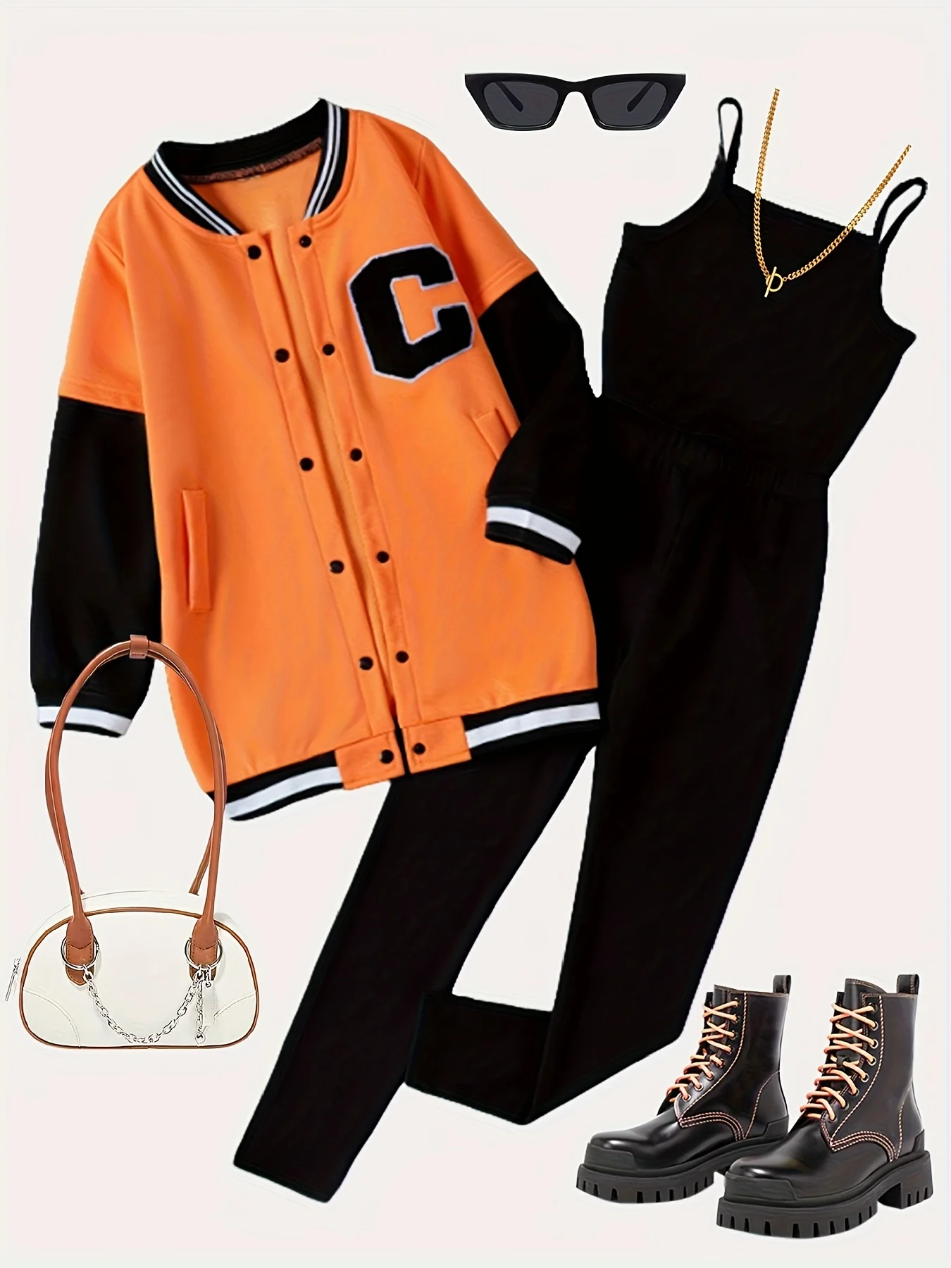 

Комплект для девочек: оранжевая толстовка с капюшоном, черный топ и длинные брюки. Свободный крой, удобный для прогулок и школы.