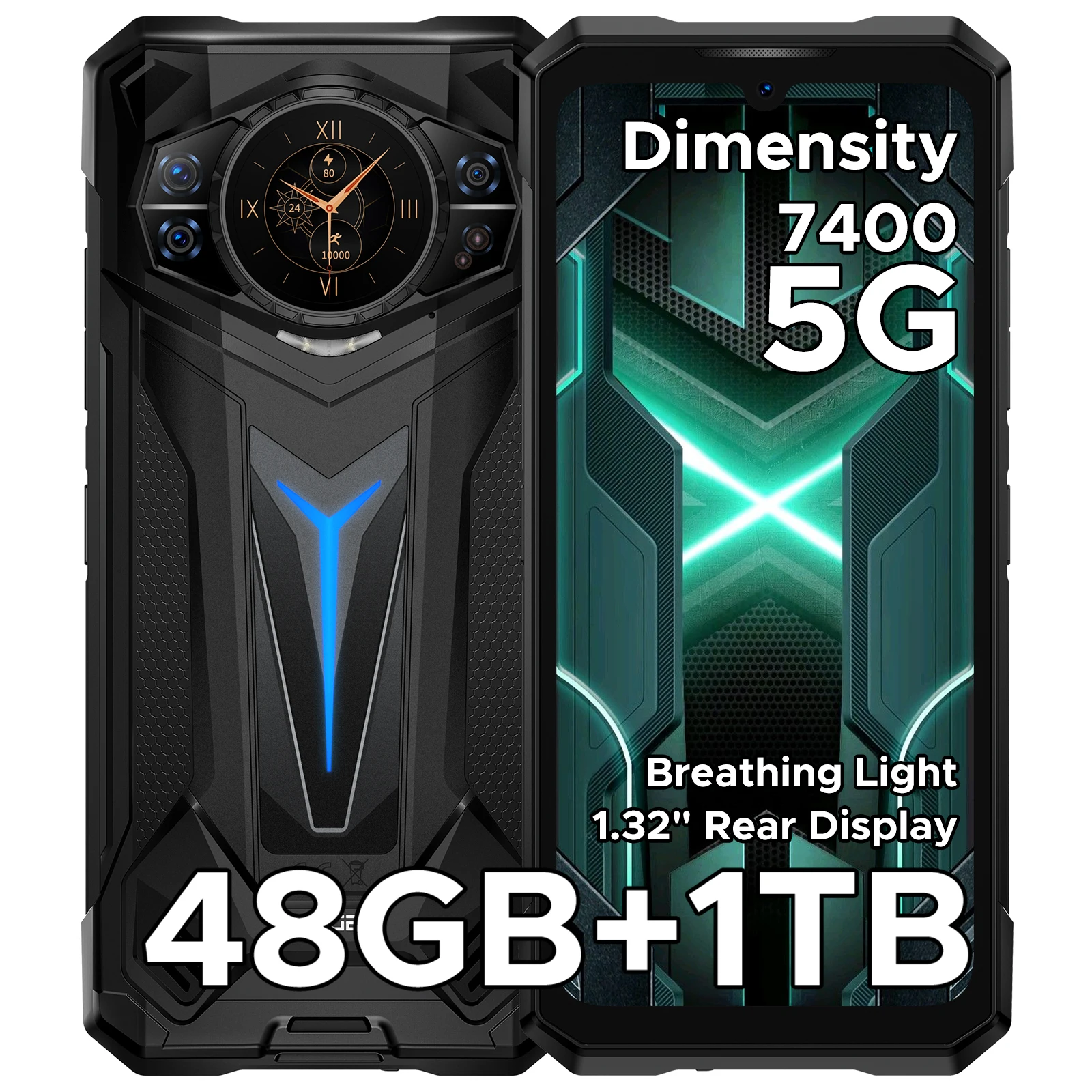 DOOGEE S200 Ultra 5G robuuste telefoon 48 GB 1 TB lichteffect 1,34 "achterkant beeldscherm Afmeting 7400 11000 mAh 66 W NFC WiFi6E smartphone