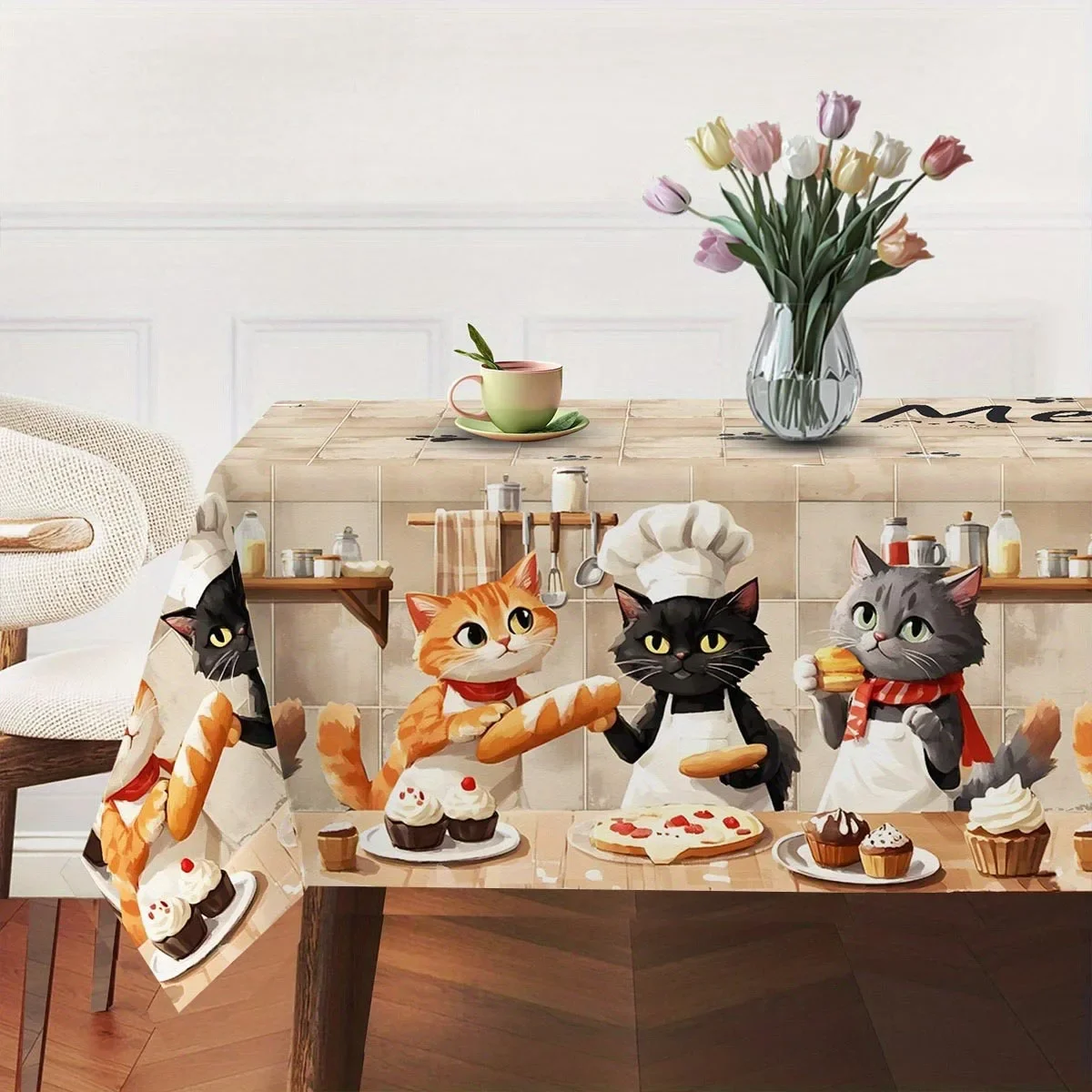 Tablecloth 1 piece - A tablecloth featuring the playful chef cat baking pattern. Easy to clean, attractive and durable.xzj