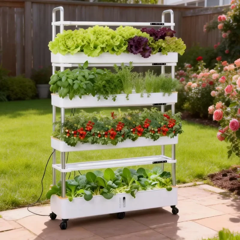Smart Rolling Hydroponic Planting Rack, 4-Layer Vertical Soilless Growing System for Indoor & Outdoor Use