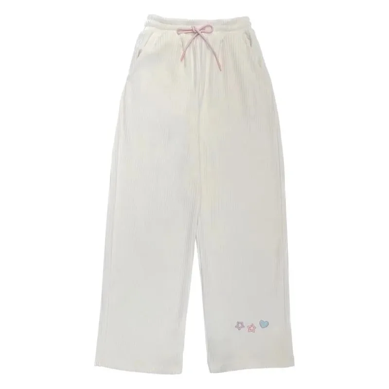 2025 nueva estrella del amor bordado pierna ancha pana dulce niñas pantalones de cintura elástica Otoño Invierno felpa engrosamiento una familia amorosa