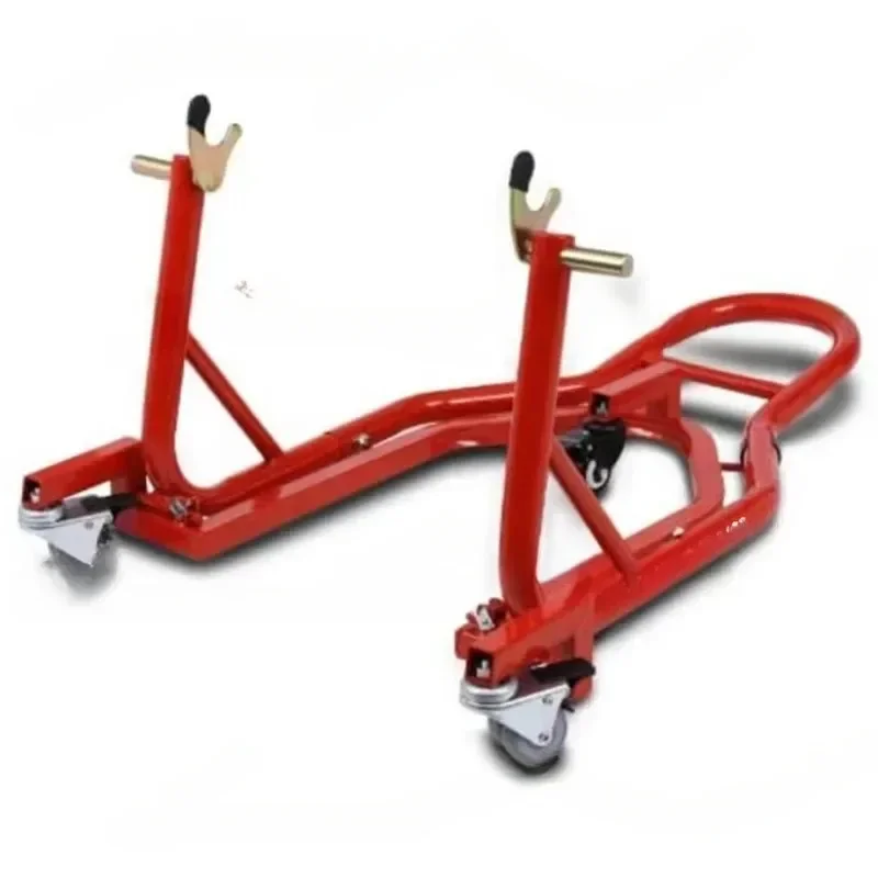 Large Row of Motorcycles Heavy Locomotives with Mobile Lifting Stationary Parking Frame Handling Rack