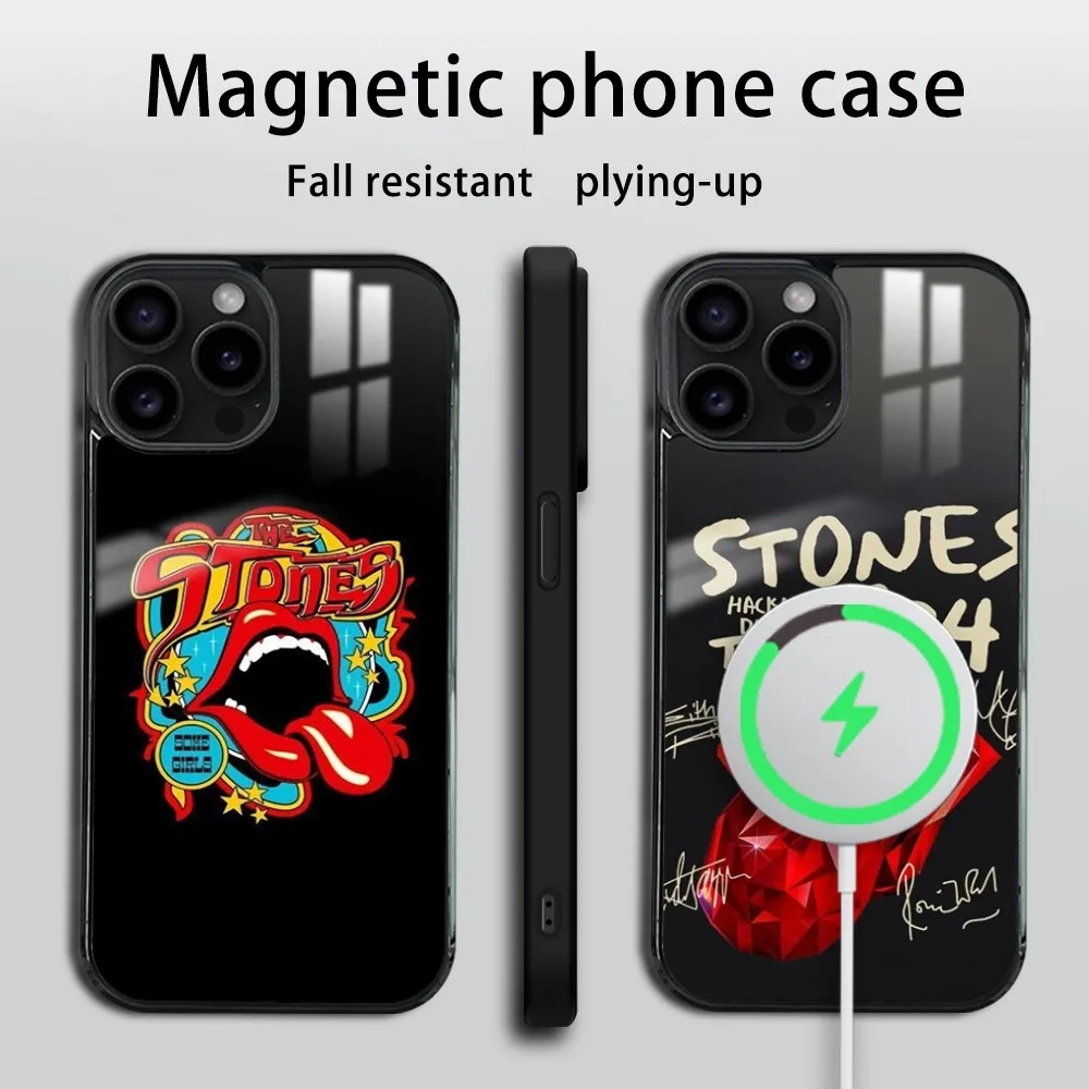 Band R-RollingS S-Stones Phone Case For iPhone 16 15 14 13 12 11 PRO MAX PLUS Mini Magnetic wireless mirror phone case