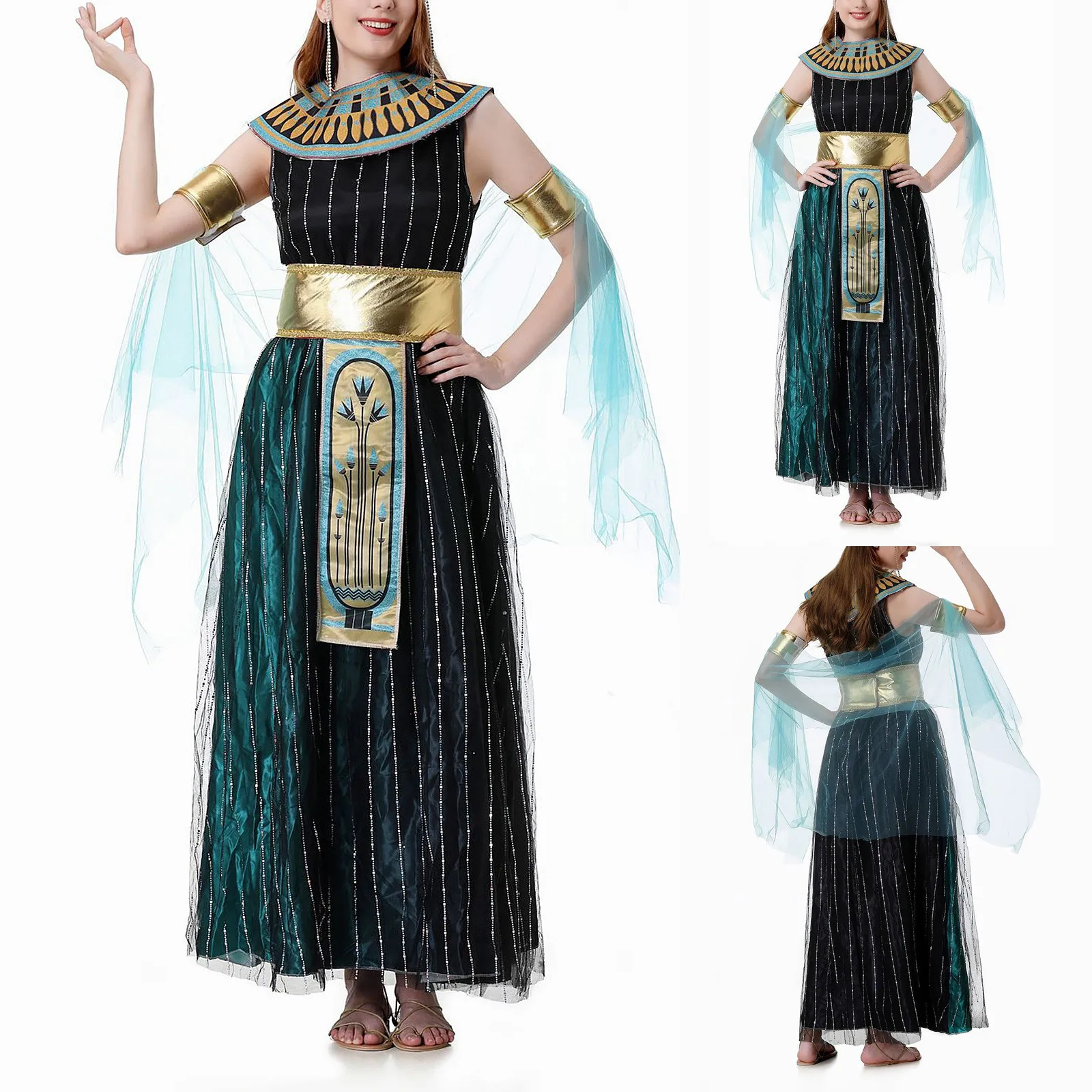 Adult Women Egyptian Goddess Cosplay Costume Halloween Cleopatra Roleplay Dress Up Holiday Party Pharaoh Fancy Dress Rave Outfit