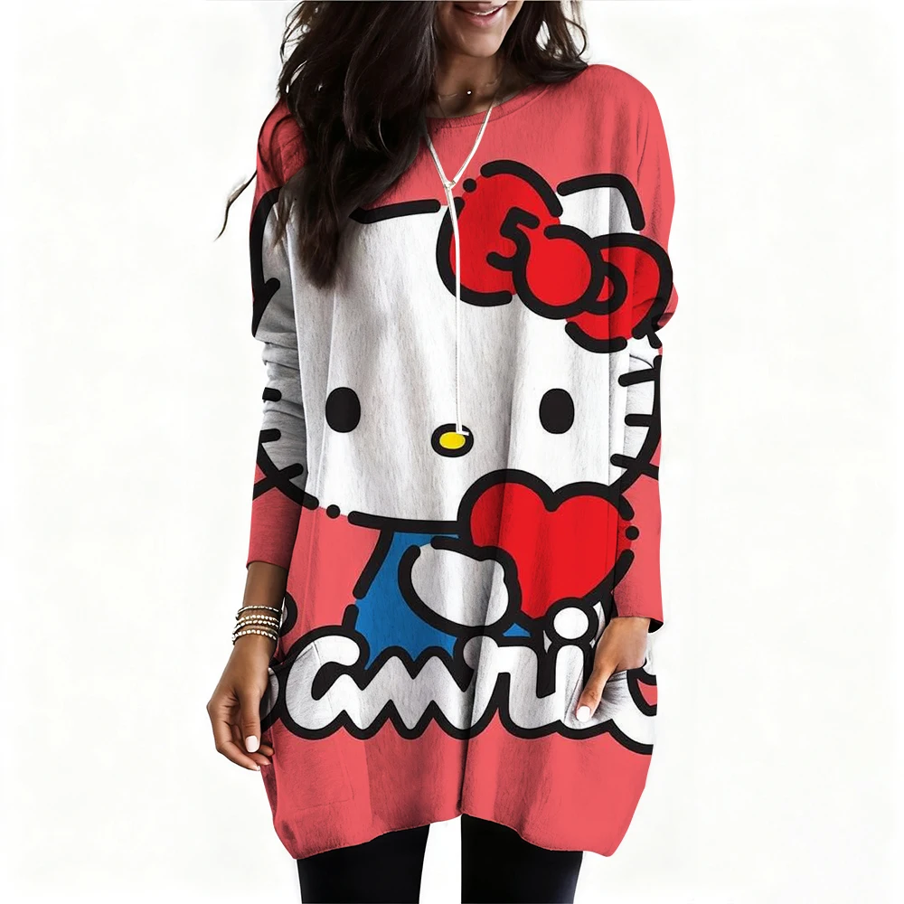 

Женская футболка с круглым вырезом и длинными рукавами с принтом «Hello Kitty», повседневный топ для девочек, женская креативная спортивная домашняя футболка с карманами