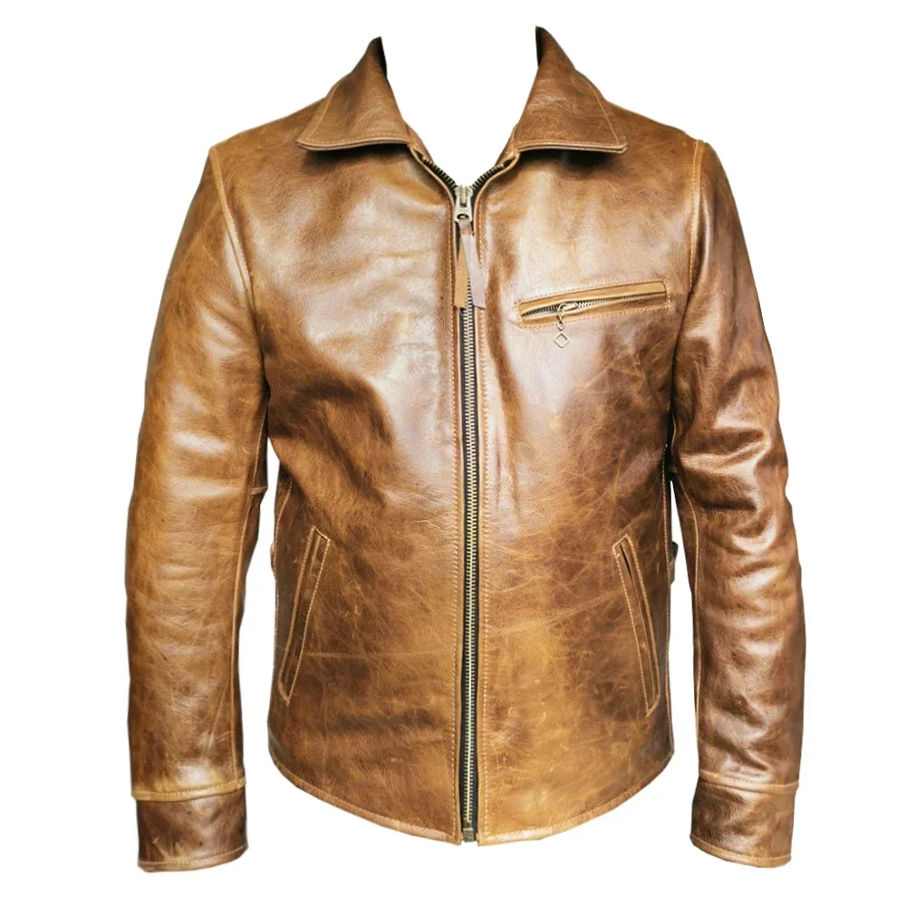 Chaqueta de cuero marrón para hombre, abrigo de piel de vaca Natural encerada con aceite, cambia de Color, moda de otoño e invierno, 1930S, M474