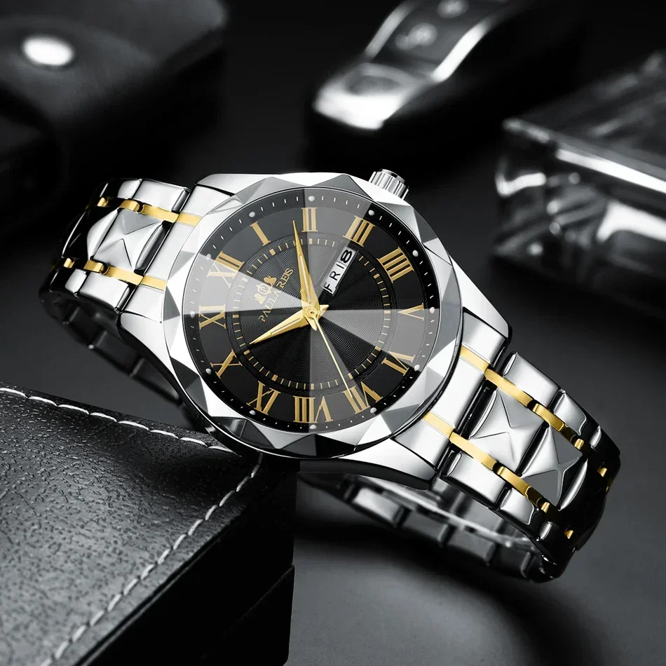 ساعات فاخرة للرجال مضيئة بتقويم مزدوج ذهبي وأزرق وأخضر كوارتز كاجوال على شكل ألماس من الفولاذ المقاوم للصدأ