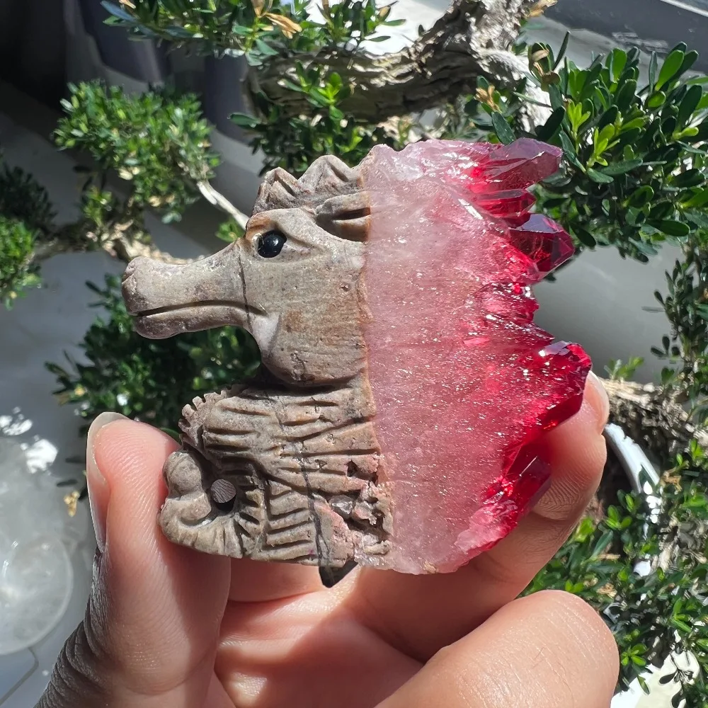 1pc Random Natural Crystal Quartz Red Cluster Carved Seahorse Sculpture Decoration, Unique Specimen for Collectibles