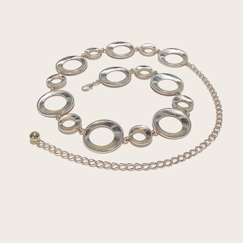 Модная металлическая женская поясная цепочка, регулируемая прочная ретро-круглая поясная цепочка, золото/серебро, резное круглое кольцо, длинный ремень-цепочка