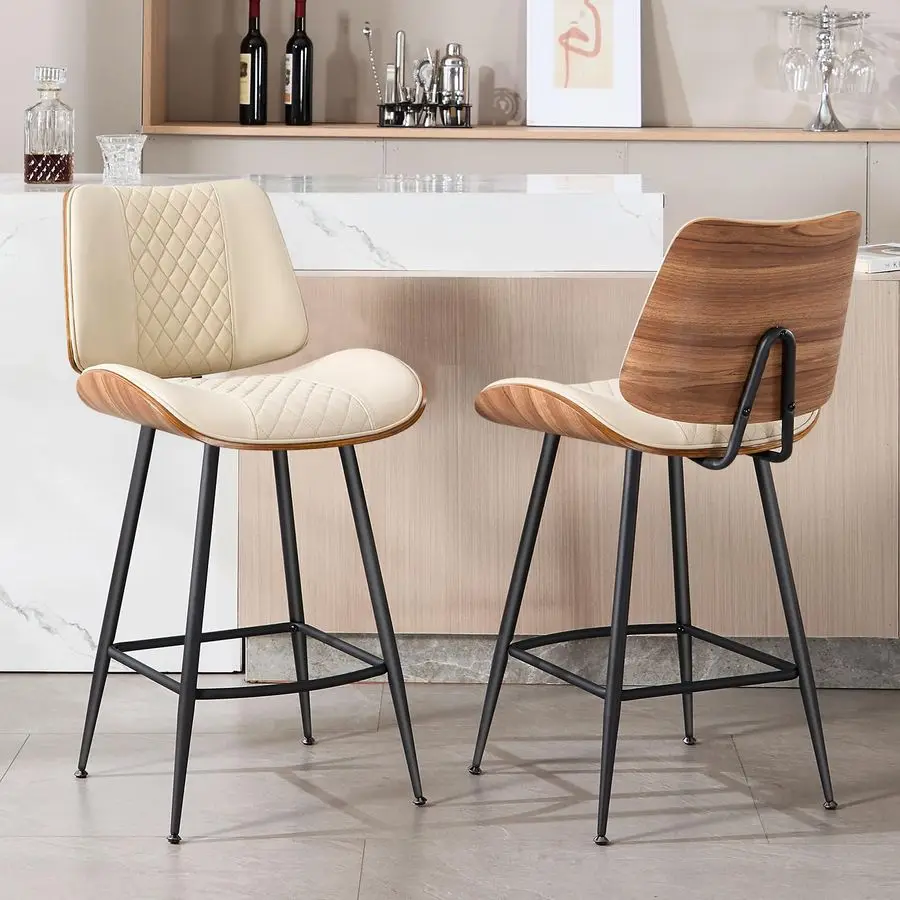 

Набор из 2 барных стульев высотой, 26,9 стульев без подлокотников с металлическими ножками, кресло для паба из орехового дерева в современном стиле, барный стул из гнутой древесины из искусственной кожи