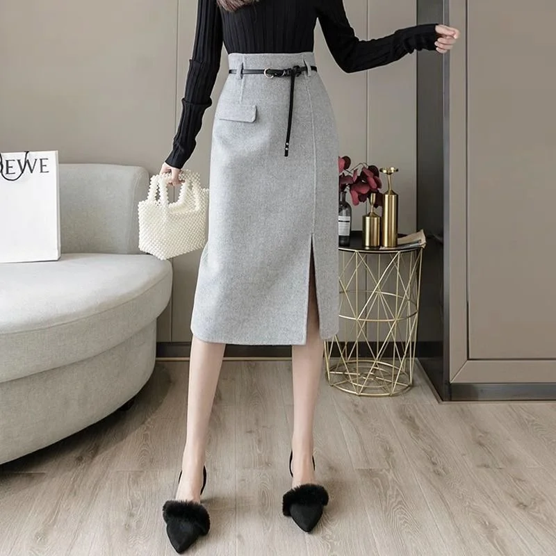 Oversized Elegant Winter Skirt for Women Luxury Korean Fashion Warm Woolen Black Office Split Skirts Midi Jupes Faldas with Belt