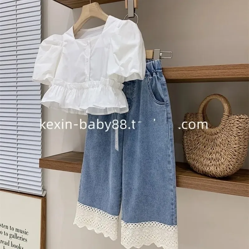 Conjunto de ropa para niña, camisa de manga abullonada con cuello cuadrado francés, pantalones vaqueros finos y suaves de encaje, conjunto de dos