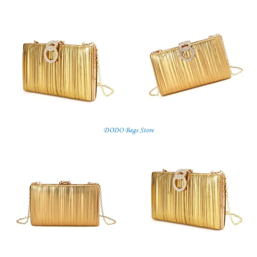 

Elegant Metallic Pleated Evening Bag Rhinestones Lock Evening Party Purse For Women