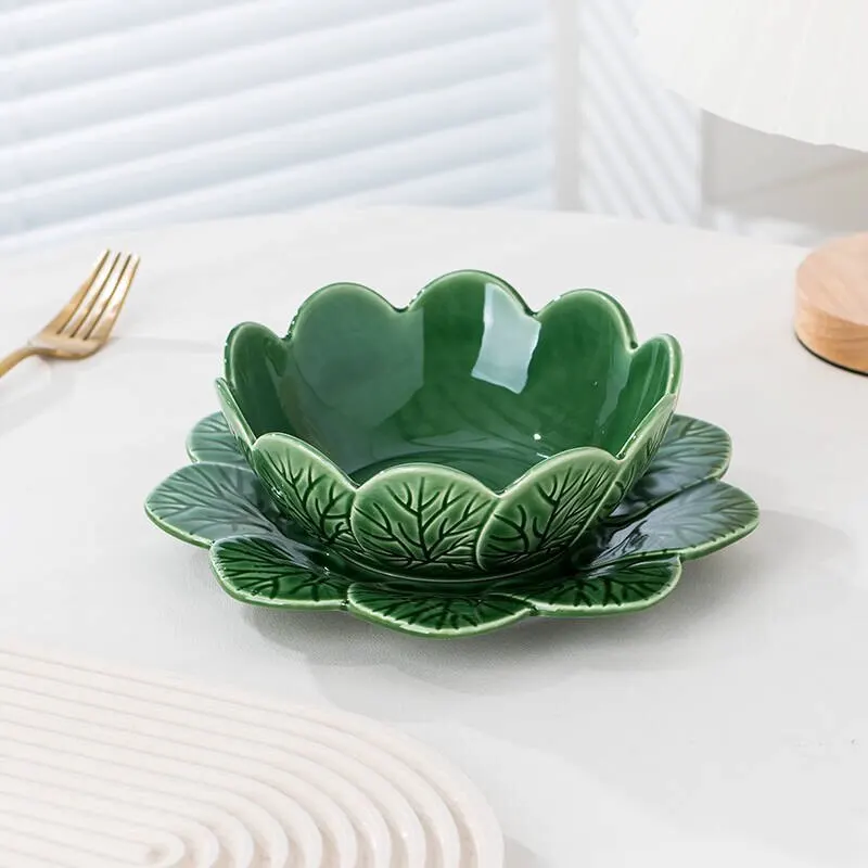 Dishes and dishes relief Portuguese leaves underglaze ceramic tableware plate surface dessert bowl shape green export
