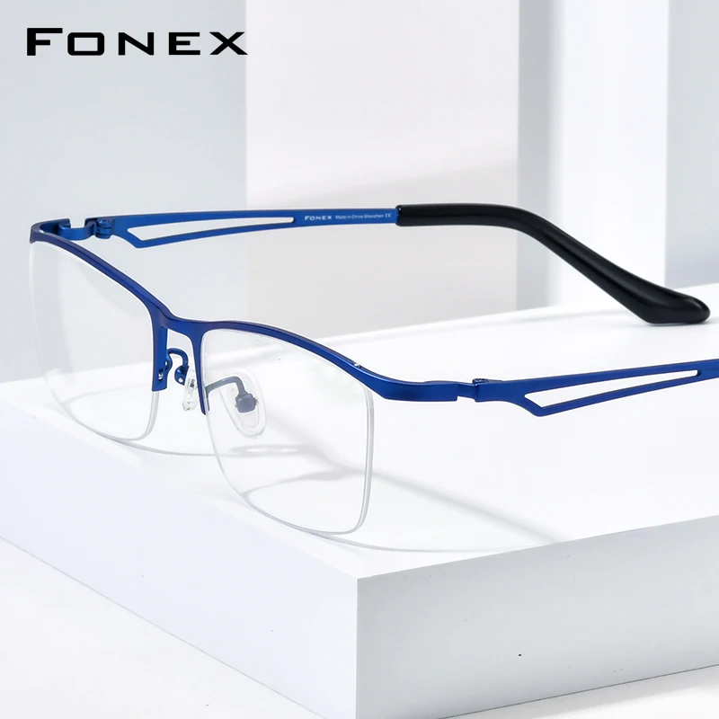 FONEX Titanium Eyeglasses Frame Men Brand Design Semi-Rimless Square Glasses Half-Rim Japanese Ultralight-Weight Eyewear 85769