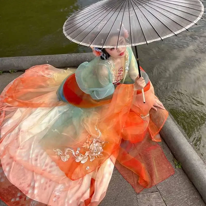 2025 فستان هانفو المرأة الصينية التقليدية التطريز هانفو أنثى كرنفال الجنية تأثيري حلي هانفو فستان برتقالي حجم كبير #2