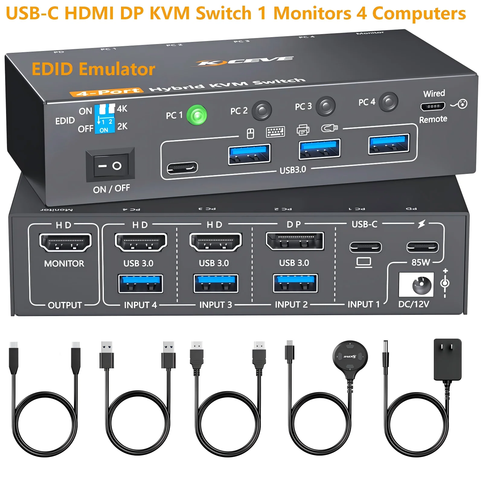 USB 3.0 KVM Switch 1 Monitor 4 Computers USB-C HDMI DP,EDID Emulato,KCEVE 4 Port KVM Switch 4K@60Hz for 4PC Share Keyboard Mouse
