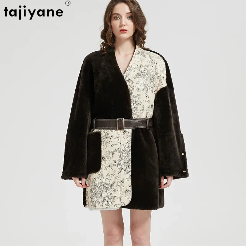 

Natural Tajiyane Lamb Fur Jackets for Women 2024 Winter Contrast Color Design Mid-length Real Coat Sheepskin Belt Chaquetas