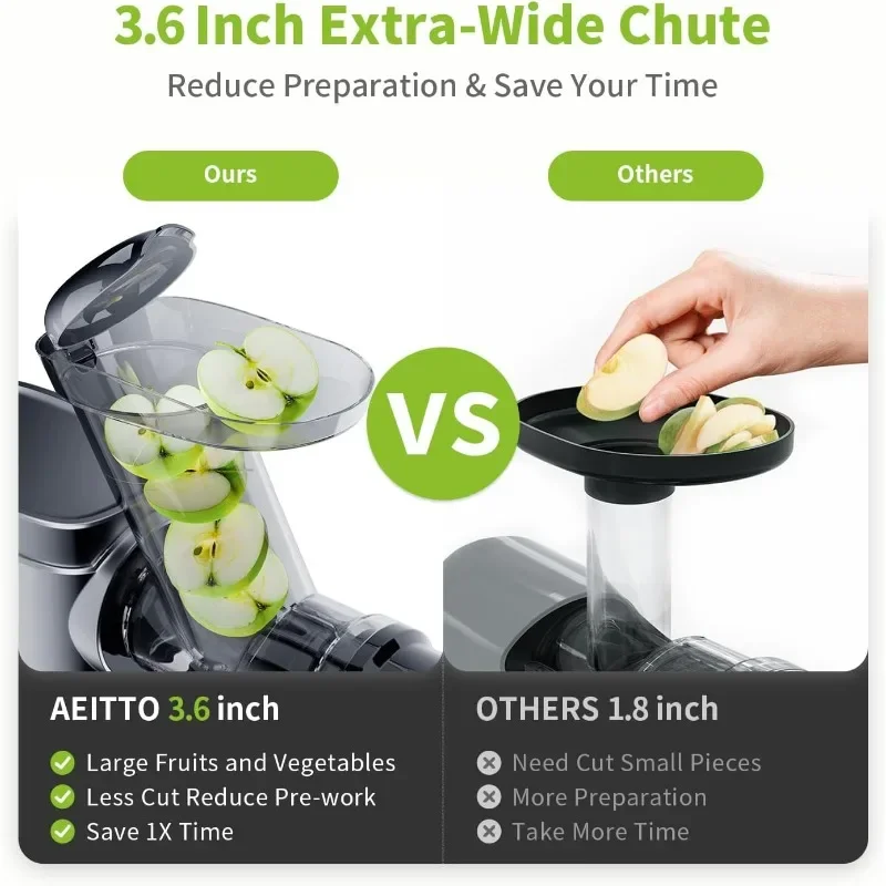 Aeitto Cold Press Juicer Machines, 3.6 Inch Wide Chute, Large Capacity, High Juice Yield, 2 Masticating Juicer Modes