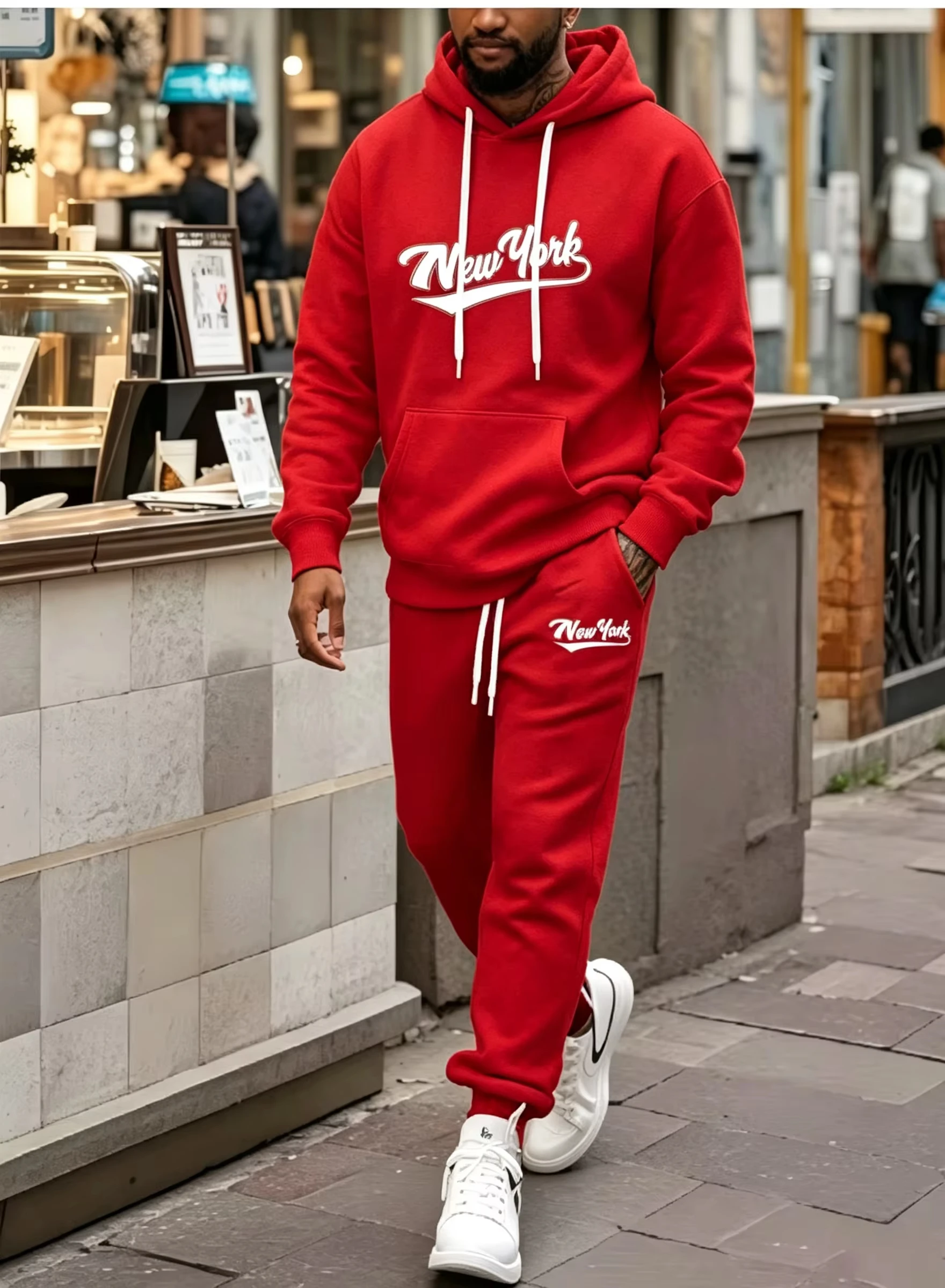 Men 2 Pieces Tracksuit New York Letter Print Hoodie Sweatshirt Jogger Pants Set Outdoor Sports Walking Casual Daily Outfit view 5