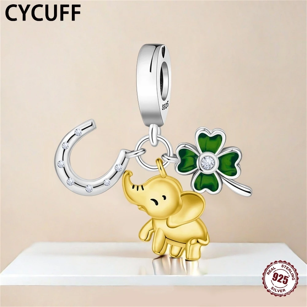 

925 Sterling Silver Elephant four-leaf horseshoe Pegasus Pendants Bracelet Charms For Original Women Jewelry Party DIY Fine Gift