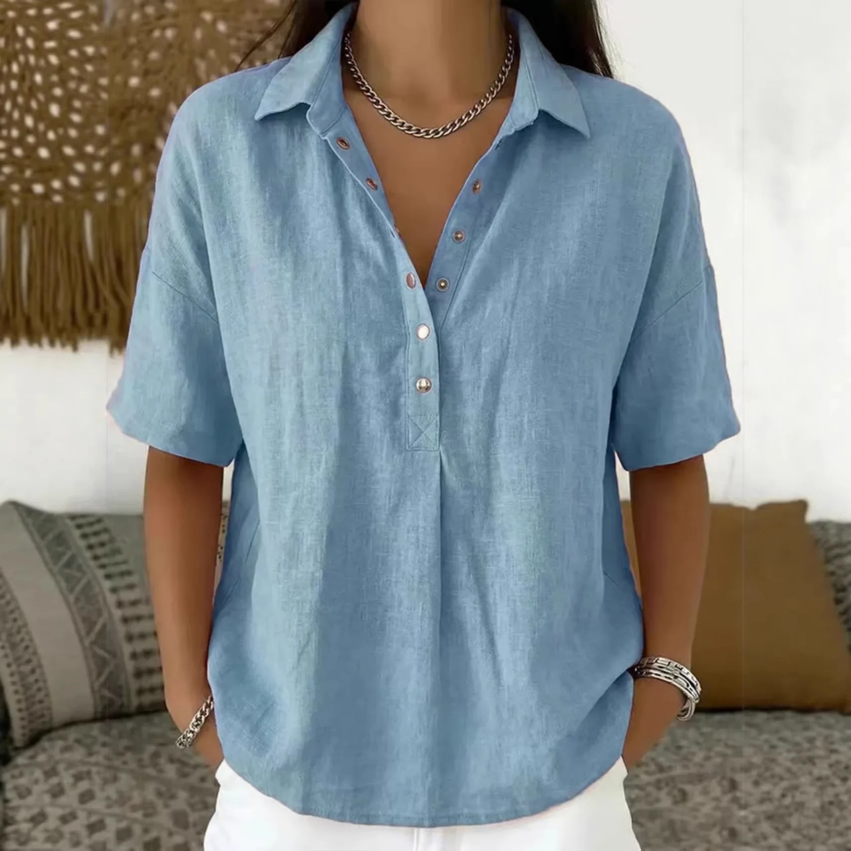 2026 Women's Summer Fashionable Comfortable Lapel Button Solid Color V-Neck Casual Loose Design Short Sleeve Shirt for Women