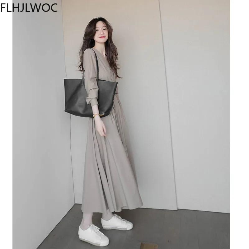 اليابان كوريا شيك تصميم تاريخ الفتيات النساء الخريف الربيع مكتب سيدة واحدة الصدر زر الصلبة لطيف طويل ماكسي الأساسية قميص فستان