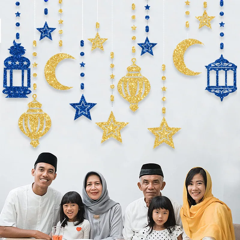 Mubarak Swirl Banner Star Moon Ceiling Hanging Ornament Ramadan Kareem Decoration for Home 2024 Islam Muslim Party Supplies