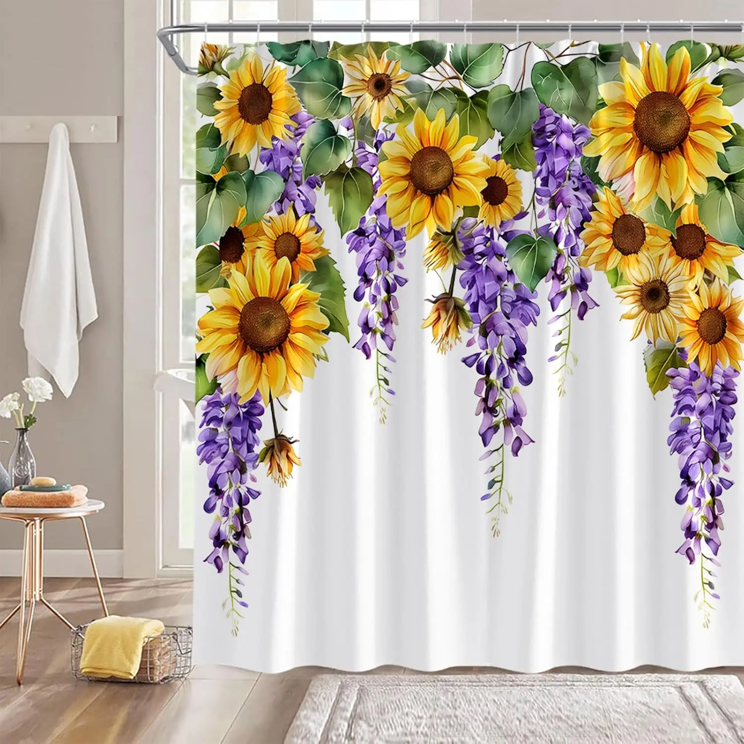 

Sunflower Wisteria Floral Shower Curtain,Yellow Purple Flower Weeping Vine Green Leaf Leaves Wildflower Watercolor Bathroom Home